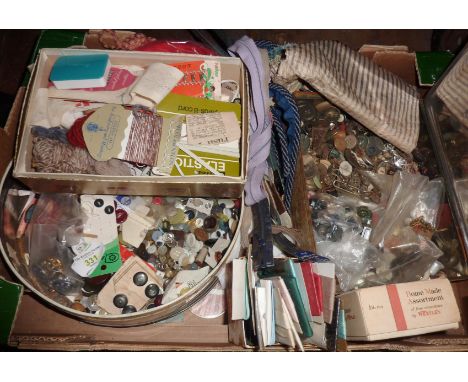Quantity of vintage sewing and embroidery accessories including threads, two tins of old buttons etc