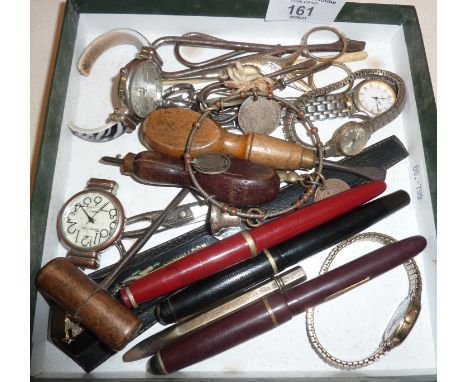 Tray of assorted, inc. fountain pens, inc. Summit, a charm bangle with attached silver bell and various coins, wrist watches,