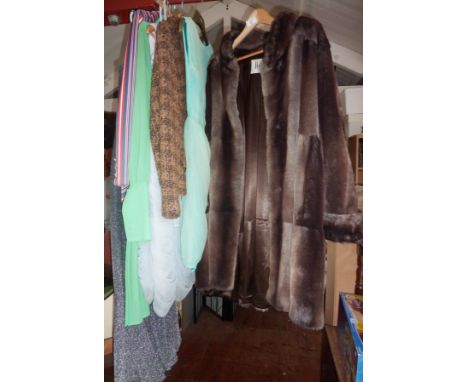 Vintage clothing: Harrods faux fur coat, 1950's and 1960's dresses, labels include Bernard Freres, Lavinia, etc. (8 garments)