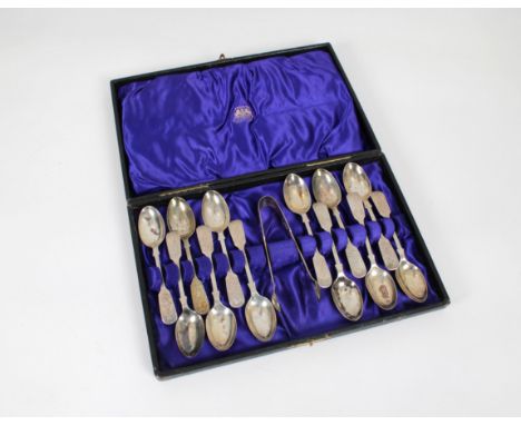  A cased set of twelve bright cut fiddle pattern teaspoons and tongs William Hutton &amp; Sons Ltd, Sheffield, 1910, terminal
