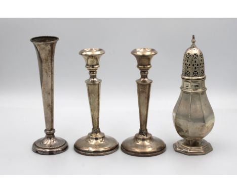  Small group of silver - To include a pair of weighted silver candlesticks H V Pithey &amp; Co, Birmingham, 1918, 14.8cm. hig