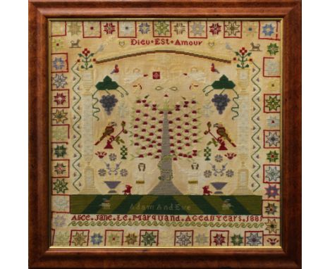  A Victorian named Channel Island 'Adam &amp; Eve' needlework sampler depicting Adam &amp; Eve under an apple tree with snake