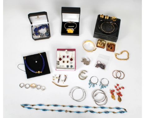 A collection of various silver and costume jewellery to include a boxed silver and yellow semi-precious stone bangle by 'The 