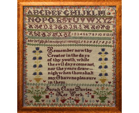  A Victorian tapestry / embroidery alphabet &amp; rhyme sampler the top with alphabet and numbers in different formats, above
