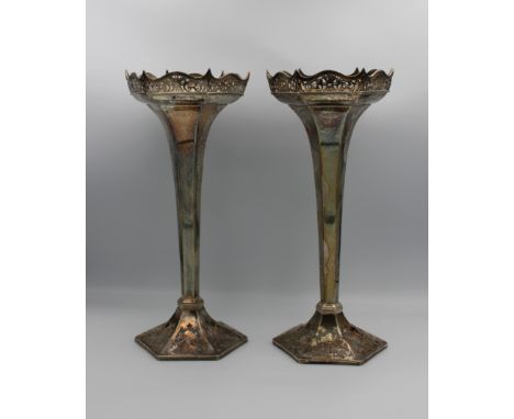  A pair of large Edwardian silver hexagonal trumpet vases Walker &amp; Hall, Sheffield, 1906, having foliate pierced foot, ri