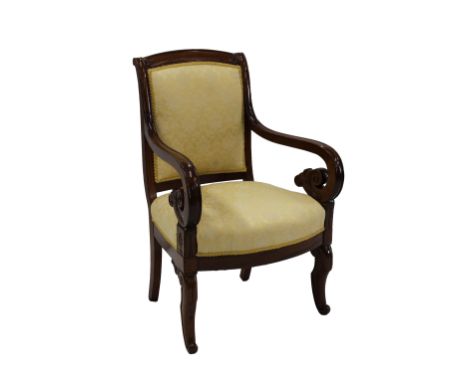  A French Empire mahogany fauteuil upholstered in cream damask, 91.4cm. high. 