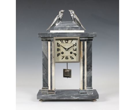  An Art Deco mantel clock chrome and faux marble, the square clock face with Arabic numerals marked Marais Baton, Dreux, the 