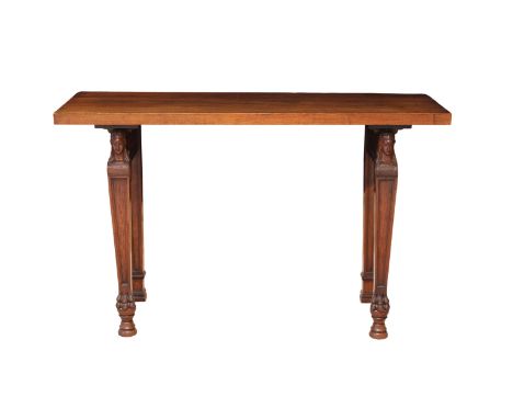  20th Century Empire style walnut console table the plain rectangular top on classical caryatid supports with turned feet, 13