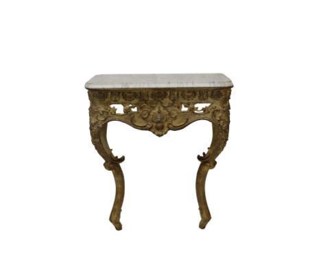  A 19th century console table with gilded foliate Rococo decoration with a shaped veined white marble top, 81.3 x 40cm. x 92.