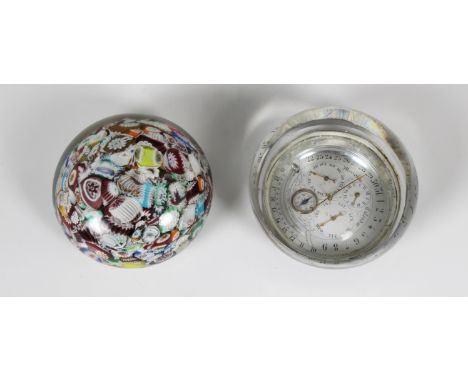  A rare Victorian patent "Meridian Calendar" glass paperweight c. 1880, the face with dials for day, time, date and month, a 