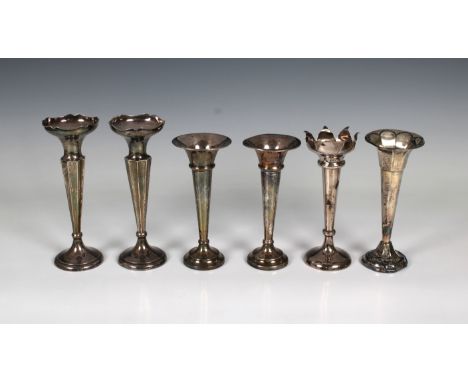  Two pairs of silver trumpet vases and two others, weighted bases, various maker's and dates. (6) 