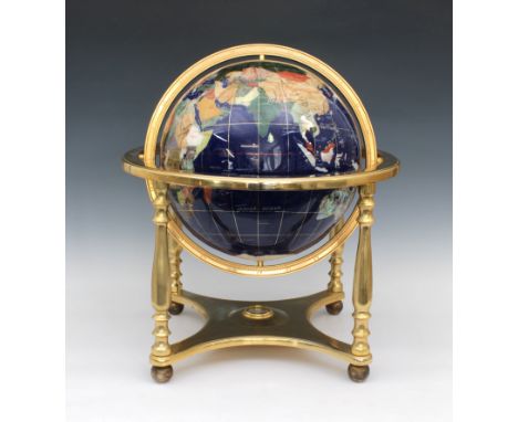  Modern semi-precious stone revolving world globe &amp; compass on brass stand 46«cm. diameter. 