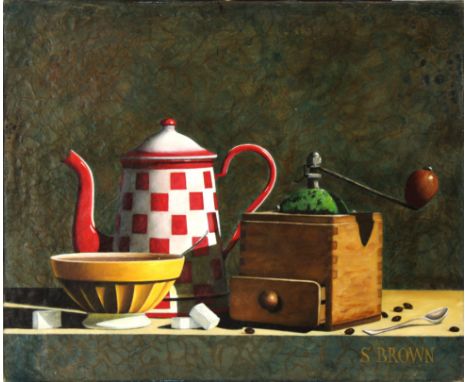  Stewart Brown (British, 20th century) Still life of coffee grinder, pot, cup oil on canvas, signed 'S BROWN' lower right 38 
