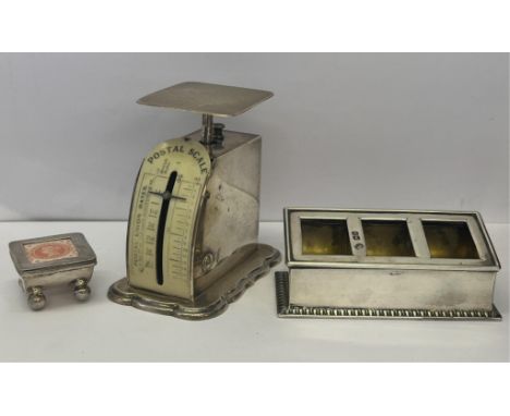 Silver postal scales maker's mark "L &amp; S", Birmingham, 8cm. high, together with a silver lidded postage stamp dispenser 
