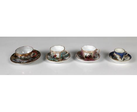  Four miniature porcelain cups and saucers various underglaze factory marks beneath for Meissen, Helena Wolfson after Meissen