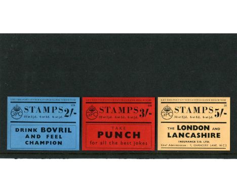 A wonderful and scarce set of the three proofs of 1938 for the 2/- (blue), 3/- (red) and 5/- (buff) booklet cover fronts on i