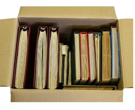 Two-carton accumulation of well over 20,000 stamps in over 25 volumes, including two-volume collection in green Ideal albums 