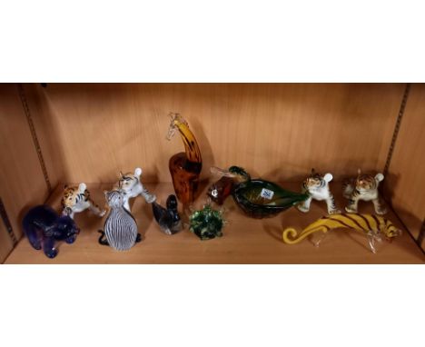 SHELF OF GLASS &amp; CHINA ANIMAL FIGURES