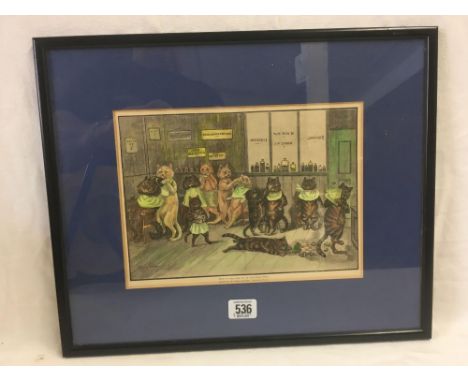 LOUIS WAIN; ANTIQUE COLOUR PRINT OF CATS IN A BARBER'S SHOP WITH THE INSCRIPTION “WHAT WE MAY COME TO, A VERY LIKELY AFFAIR” 