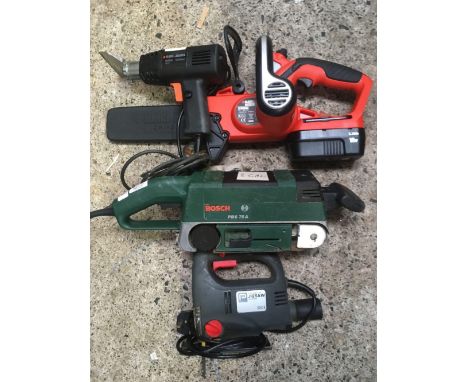  A PROFORMANCE JIG SAW & A BLACK & DECKER CORDLESS CHAIN SAW, NO CHARGER & A HOT AIR SCRAPER & BOSCH SANDER