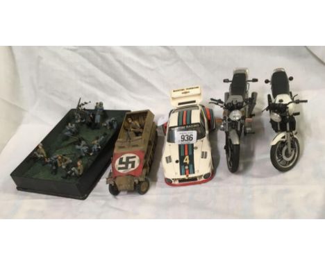 SHELF OF PLASTIC MODELS, MOTOR BIKES, CARS, GERMAN SOLDIERS