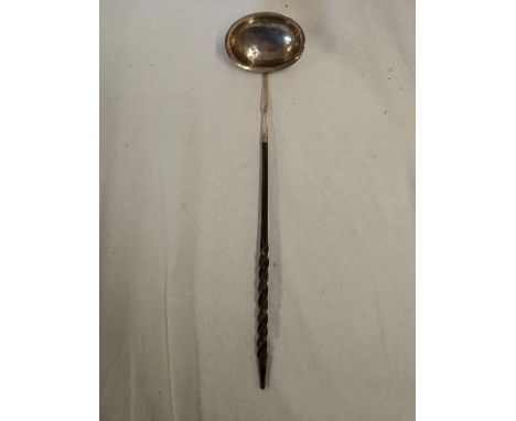 AN ANTIQUE SILVER TODDY LADLE, WHALE BONE HANDLE