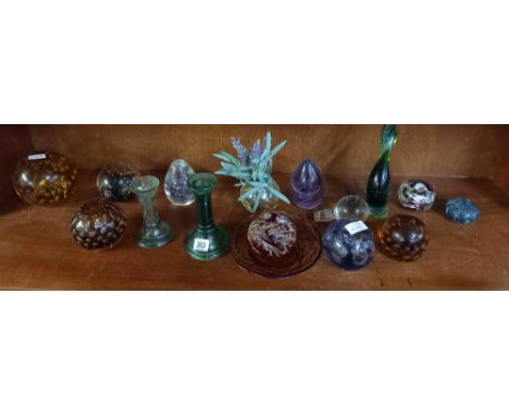 SHELF OF PAPERWEIGHTS &amp; GLASS CANDLE HOLDERS ETC
