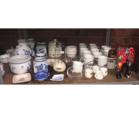 SHELF WITH QTY OF MUGS, GLASS DISHES, CERAMIC CONTAINERS &amp; AN INDIAN PAINTED ELEPHANT