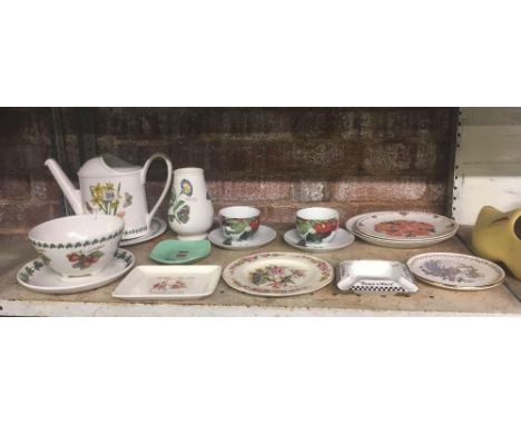 SHELF WITH 5 PIECES OF PORTMEIRION CHINA INCL; WATERING CAN, DECORATIVE PLATES, ASHTRAY, 1 BY WEDGWOOD &amp; 2 BY LINEA CUPS 