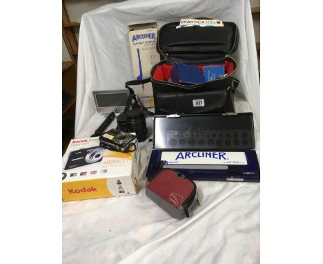 CAMERA BAG WITH MISC LENSES &amp; ACCESSORIES, QUICK SET COMPASS, DIGITAL CLOCK &amp; A KODAK EASY SHARE DIGITAL CAMERA