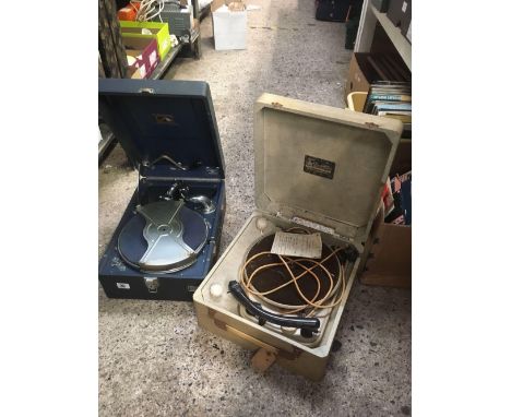 VINTAGE GARRARD MODEL T, 3 SPEED SINGLE RECORD PLAYING UNIT WITH ELECTRIC &amp; 1 WIND-UP HMV RECORD PLAYER