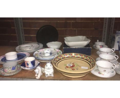 SHELF WITH WEDGWOOD HONEY BUFF COLOURED GILDED BOWL, ROYAL COPENHAGEN RABBIT, A B&amp;G POLAR BEAR, MIESSEN BOWL WITH ROSE DE