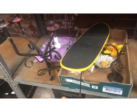 WROUGHT IRON CANDLESTICK STAND, SKATE BOARD, BAG WITH DOG BRUSHES &amp; METAL CANDLE HOLDERS