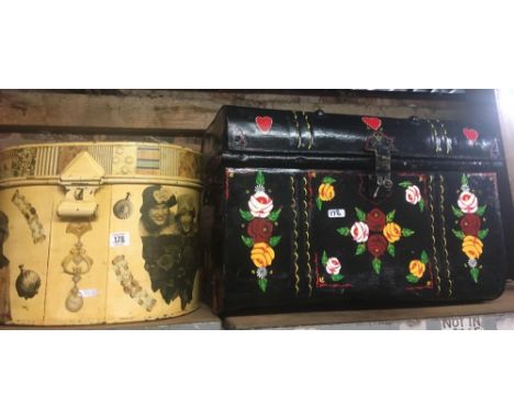 VINTAGE METAL FOLK ART DECORATED HAT BOX &amp; A BARGE ART PAINTED TRUNK