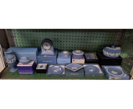 SHELF OF WEDGWOOD PIECES INCL; CLOCK, VASE, DISHES ETC