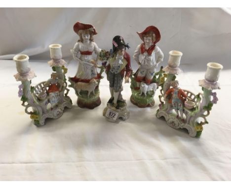 QTY OF VINTAGE GERMAN PORCELAIN FIGURES &amp; CANDLESTICK HOLDERS, MALE FIGURE WITH A/F FINGERS