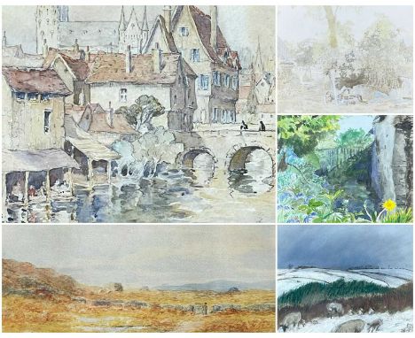 COLLECTION OF ARTWORK including R.T. MINSHULL watercolour - untitled, lone figure on country path by gated stone wall, signed