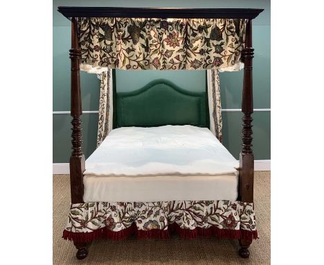 GEORGIAN STYLE MAHOGANY TESTER BED, green velour headboard, hung with Elizabethan style embroidered canopy, curtains and vall