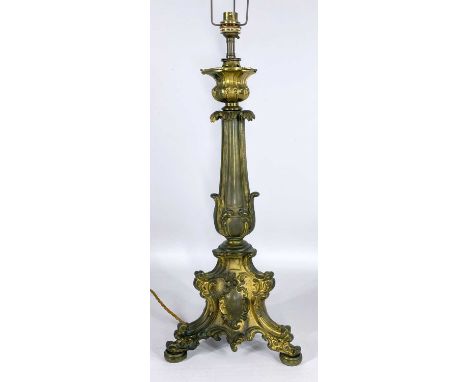 LATE 19TH CENTURY FRENCH GILT BRONZE TABLE LAMP, acanthus cast column and sconce, on rococo tripartite base, 50cms hProvenanc