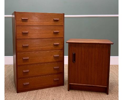 MID-CENTURY TEAK BEDROOM FURNITURE, comprising, chest of 6 drawers, 94h x 60w x 41cms d, together with bedside table, 61h x 5