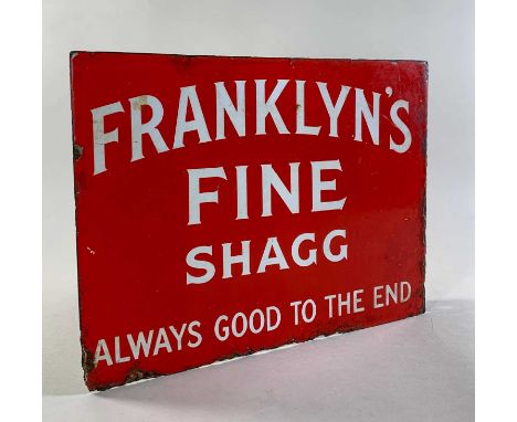 'FRANKLYN'S FINE SHAGG' ENAMEL ADVERTISING SIGN, white lettering on red, double-sided, with right angled mounting, 23h x 31cm