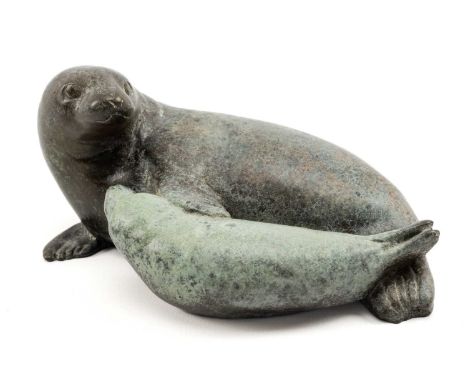 ‡ FELICITY AUDEN (20th Century) limited edition (32/50) patinated bronze - recumbent seal and pup, signed with monogram and n