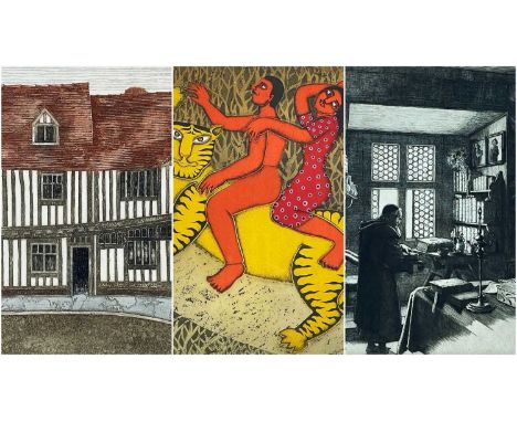 THREE ETCHINGS, comprising Joseph Benwell Clark print of a medieval alchemist, 30 x 22.5cms; Valerie Thornton ltd edn (155/25