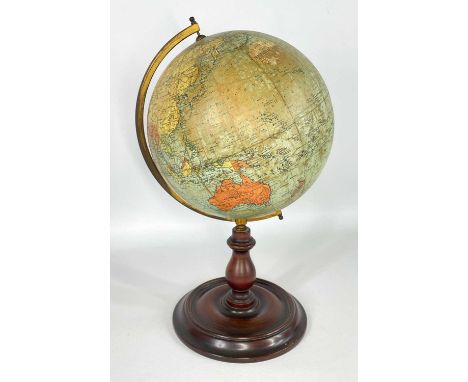 PHILIP'S 9-INCH TERRESTRIAL GLOBE, mounted on brass meridian half circle, on turned wooden base, George Philip & Son, 41cms h