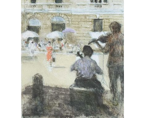 ‡ BERNARD DUNSTAN limited edition (26/200) print - street scene with musicians, signed, 40 x 33cmsProvenance: private collect