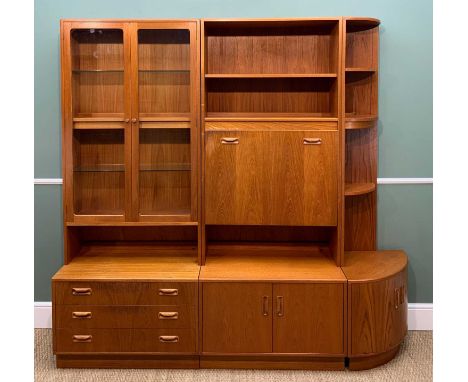 20TH CENTURY TEAK E. GOMME G-PLAN FURNITURE, comprising rounded corner cupboard with three shelves, centre fixed shelf with b