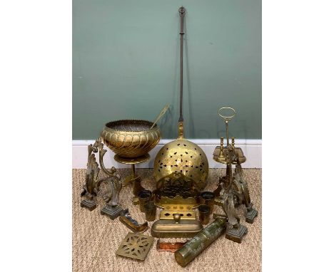 ASSORTED VINTAGE & ANTIQUE BRASS, including pair of rococo chenets, chestnut roaster, 2 tilt top tripod table, coffee grinder