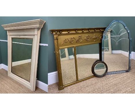 ASSORTED MIRRORS, including white painted architectural mirror, 138h x 105cms w, gilt triple-plate over-mantel mirror, 78h x 