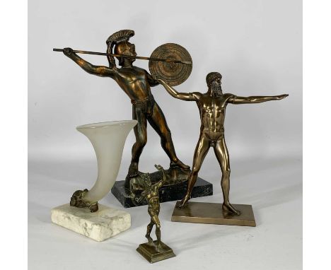 ASSORTED SCULPTURE, including Regency frosted glass and bronze cornucopia on marble base, and three classical figures of Gree