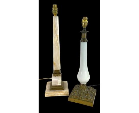 TWO LATE 19TH CENTURY FRENCH TABLE LAMPS, comprising opaline glass lamp and onyx lamp, both with gilt metal bases, tallest 47